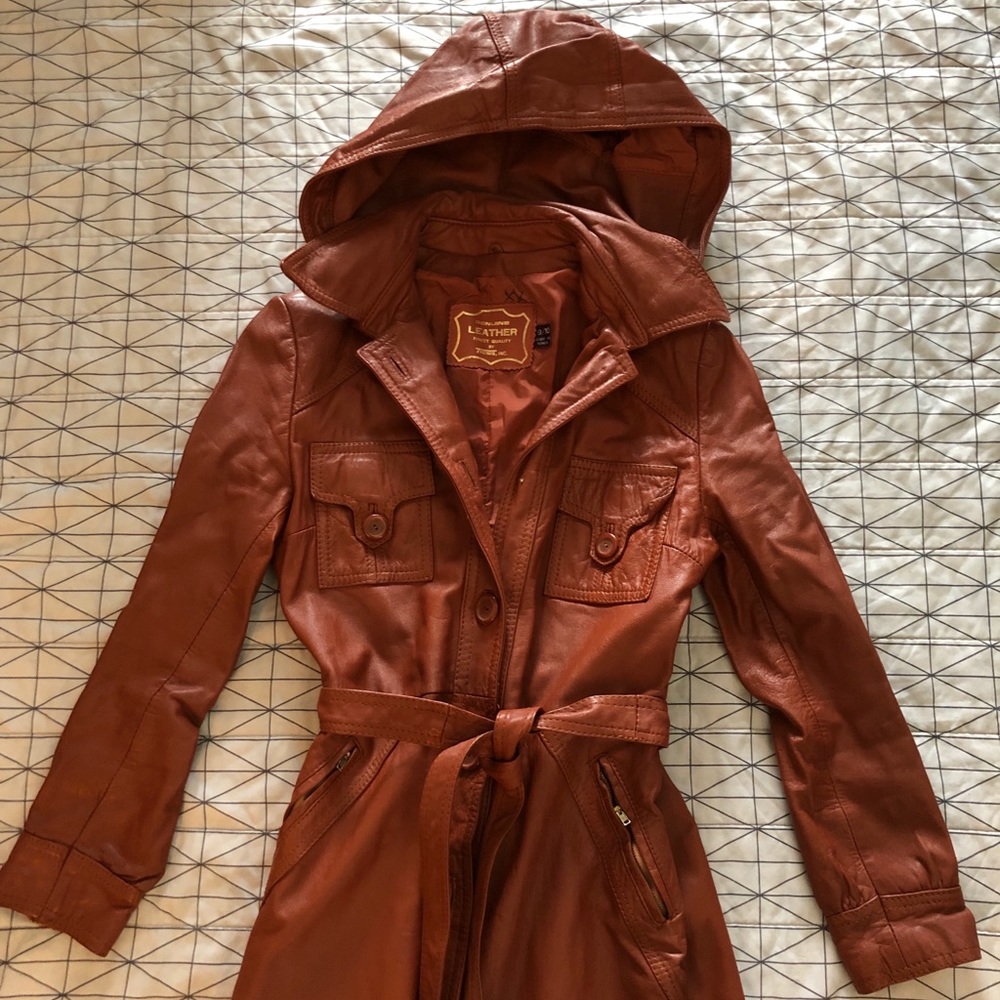 100% Leather hooded trench coat